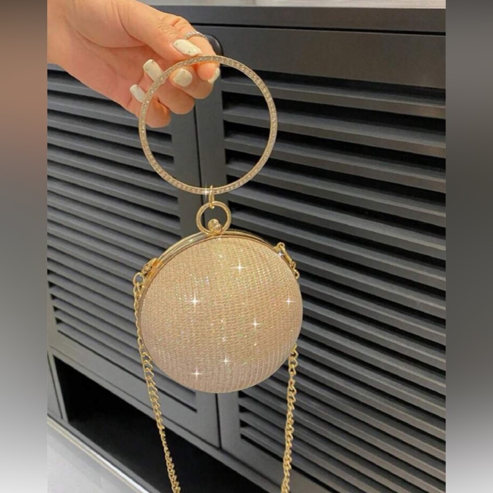 Elegant Gold-Tone Champagne Round Crossbody Bag